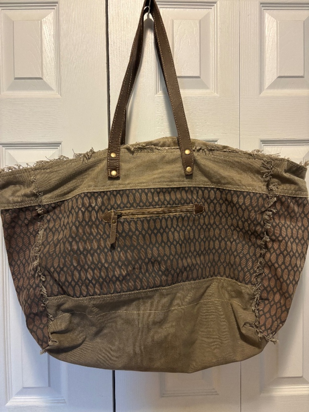 Myra Bag Beehive Print Oversized Weekender Tote Brown Olive Boho Travel Bag